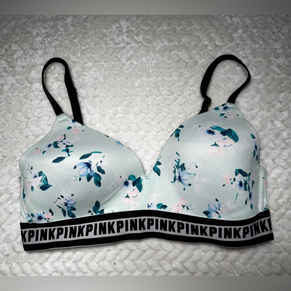 PINK Victoria's Secret Pink Everywhere Wireless Comfy Bra Floral Mint EUC 34 C